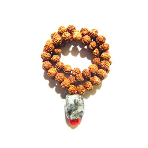 Rudraksha Mala with Black Rutile Pendant