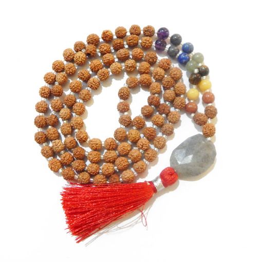 Rudraksha Mala with Blue Chalcedony Faceted Tumble Pendant