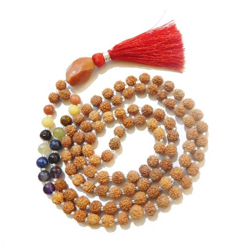 Rudraksha Mala with Red Jasper Faceted Tumble Pendant