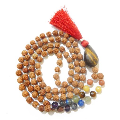 Rudraksha Mala with Tiger Eye Faceted Tumble Pendant