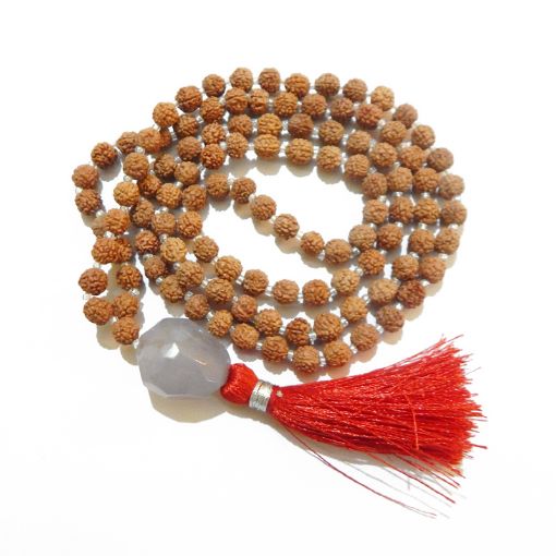 Rudraksha Mala with Blue Chalcedony Faceted Tumble Pendant