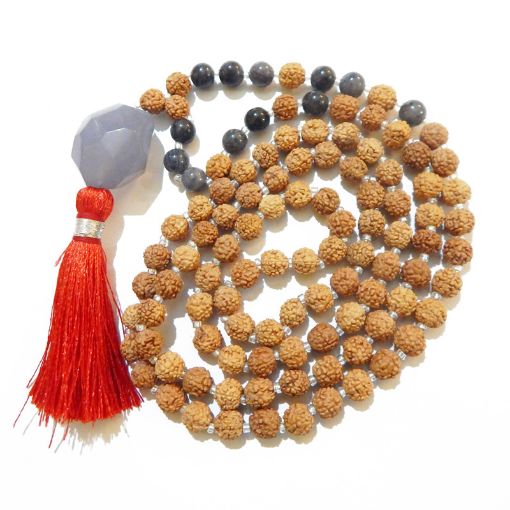 Rudraksha Mala with Blue Chalcedony Faceted Tumble Pendant