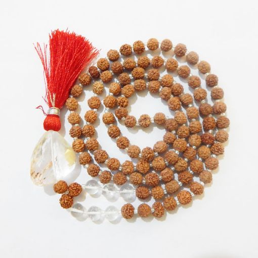 Rudraksha Mala with Crystal Quartz Faceted Tumble Pendant