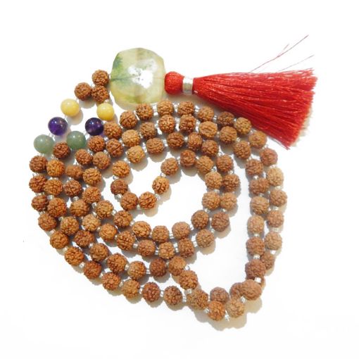 Rudraksha Mala with Green Onyx Faceted Tumble Pendant