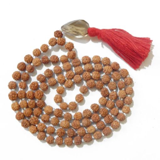Rudraksha Mala with Smoky Quartz Faceted Tumble Pendant