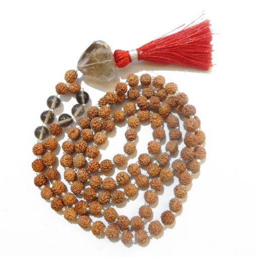 Rudraksha Mala with Smoky Quartz Faceted Tumble Pendant