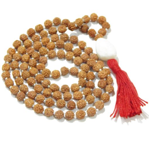 Rudraksha Mala with White Agate Faceted Tumble Pendant