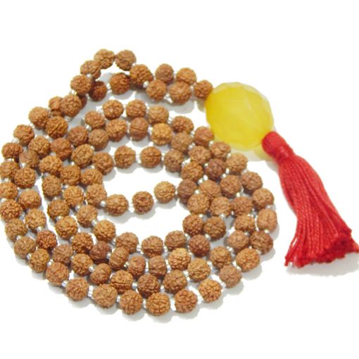 Rudraksha Mala with Yellow Aventurine Faceted Tumble Pendant